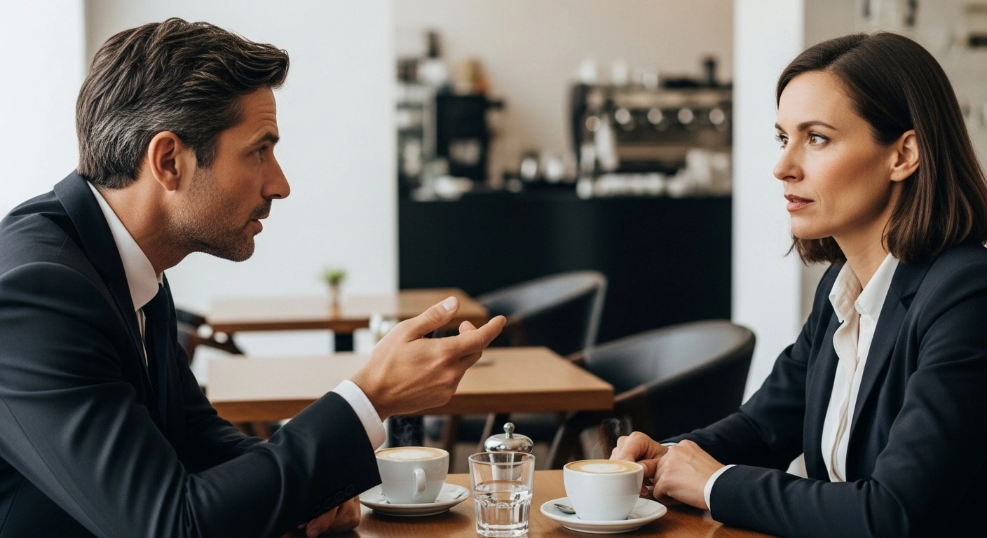 Executive search consultant discreetly discussing a career opportunity with a senior professional.