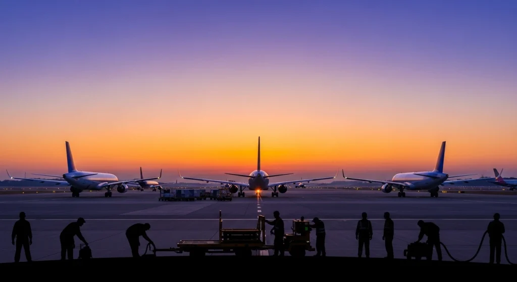 Airport runway at dawn with commercial airplanes and diverse ground crew, symbolizing efficient aviation staffing