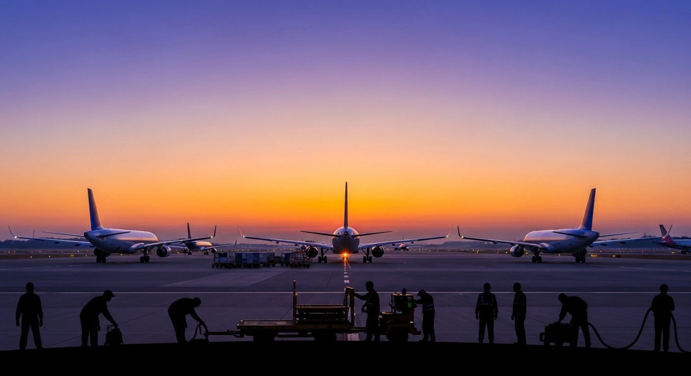 Airport runway at dawn with commercial airplanes and diverse ground crew, symbolizing efficient aviation staffing