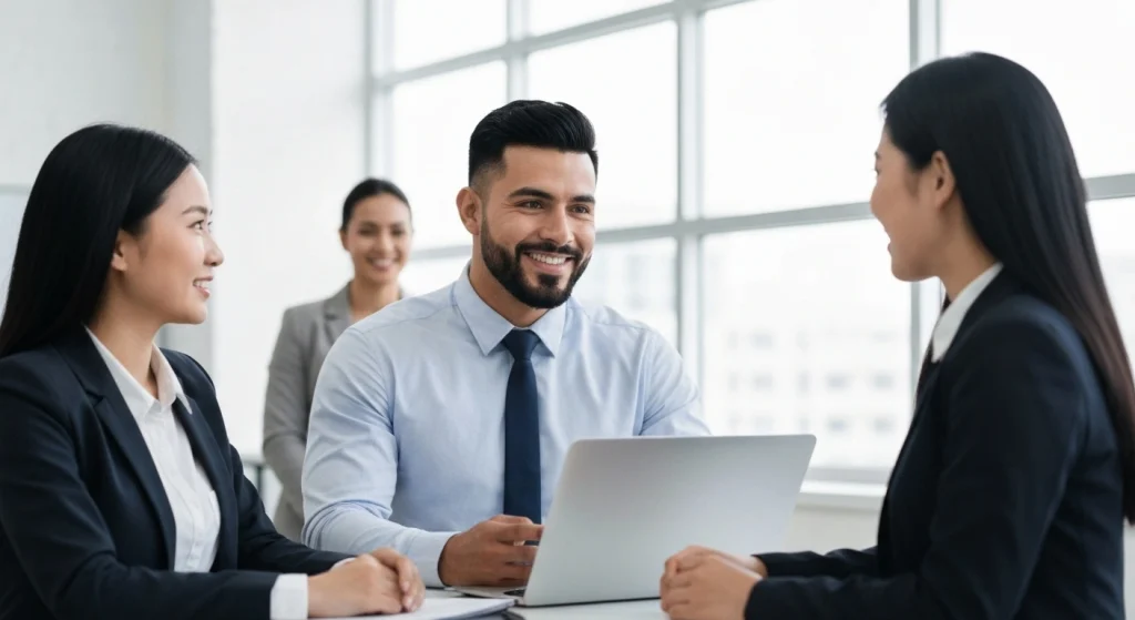 Diverse professionals in a modern Singapore office, representing effective manpower services and workforce integration.