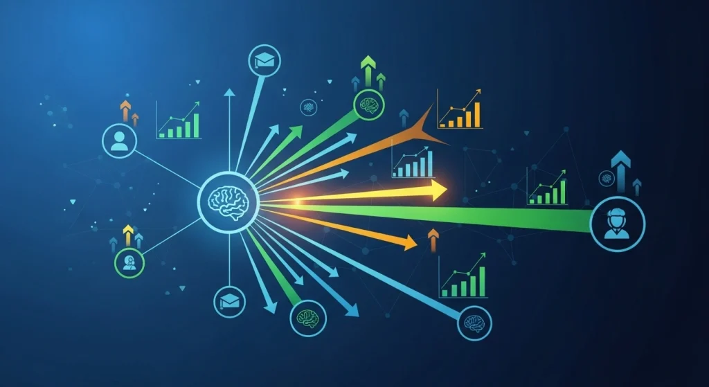 Infographic illustrating the interconnected stages of education, training, and strategic talent placement for business growth.