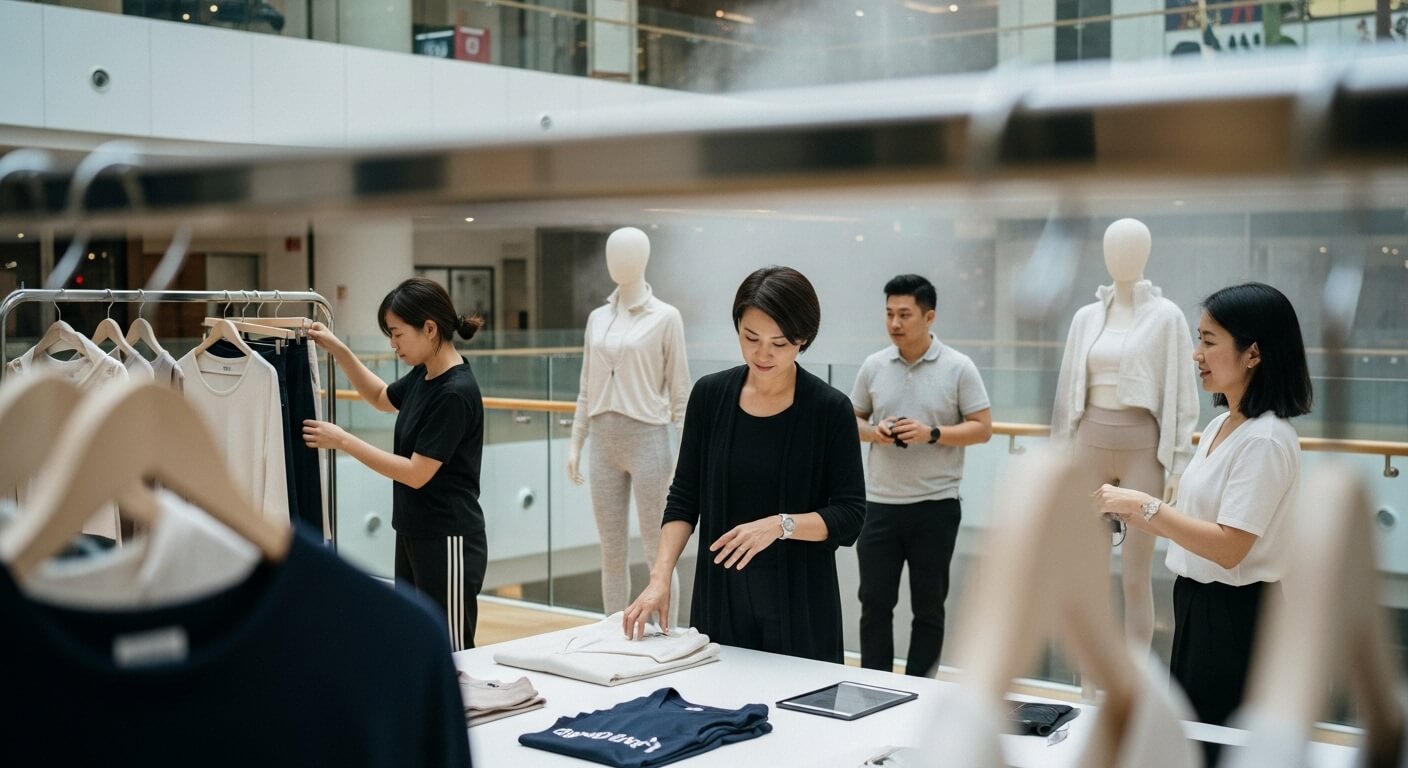 Brand ambassadors arranging displays at a fashion pop-up event