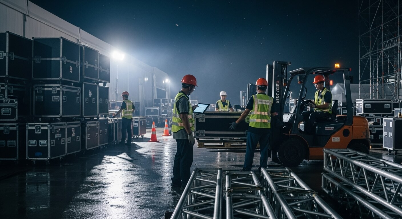 Night logistics crew managing equipment under floodlights