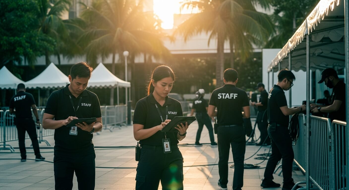 Professional event staff coordinating at a modern tropical plaza