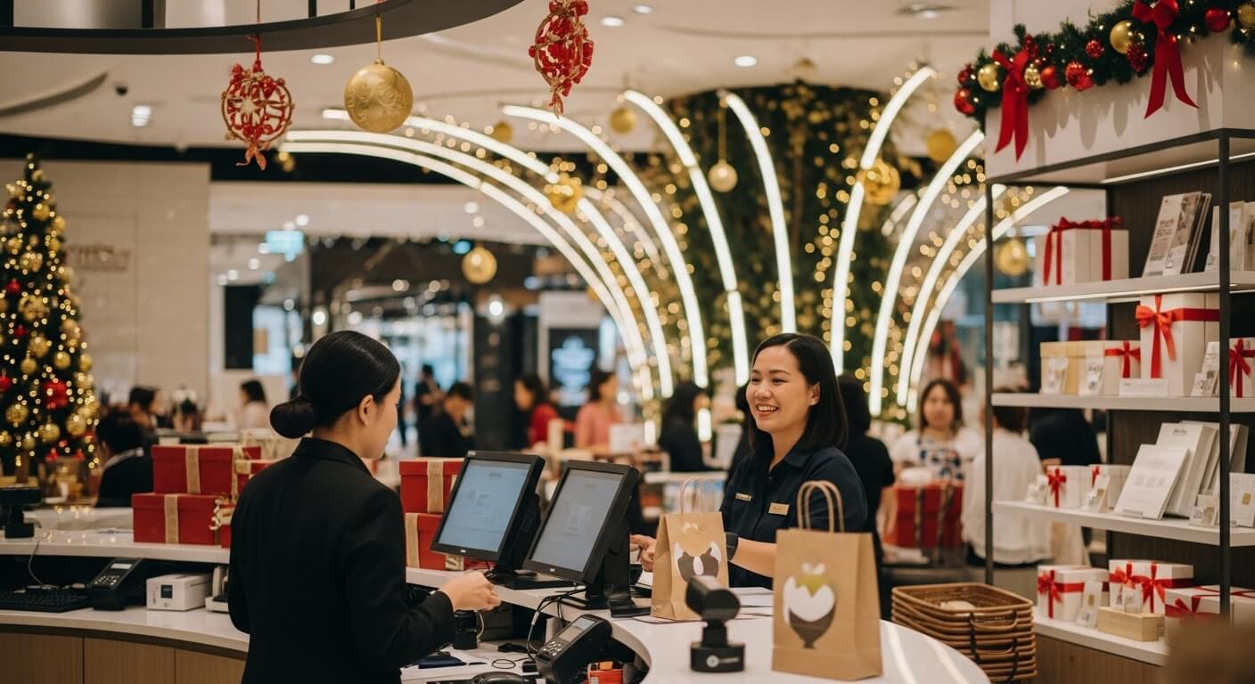 Retail staff assisting shoppers during festive season