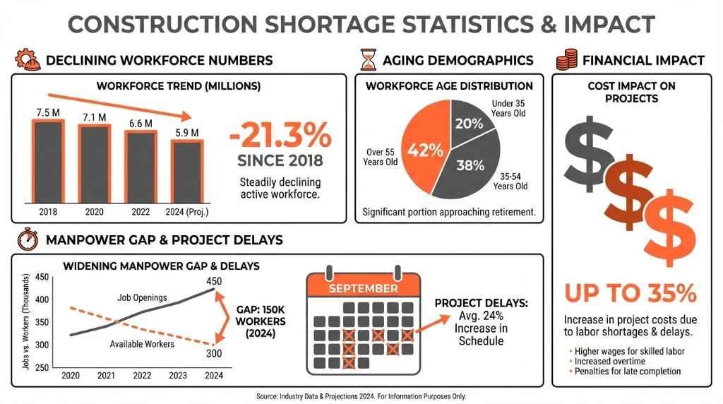 Construction worker shortage statistics and workforce demographics data visualization for Singapore