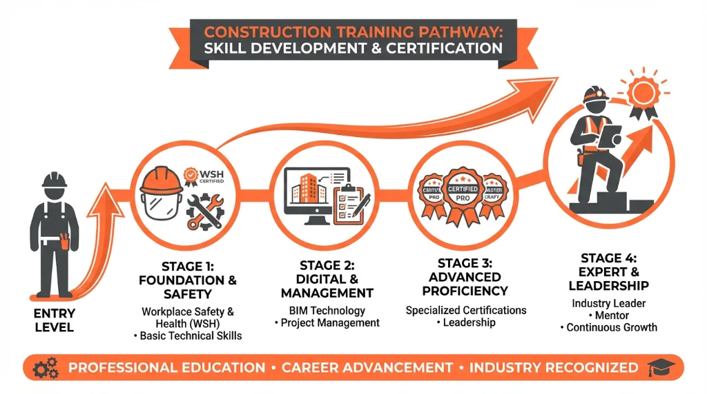Construction training programs infographic including BIM technology and WSH safety certifications