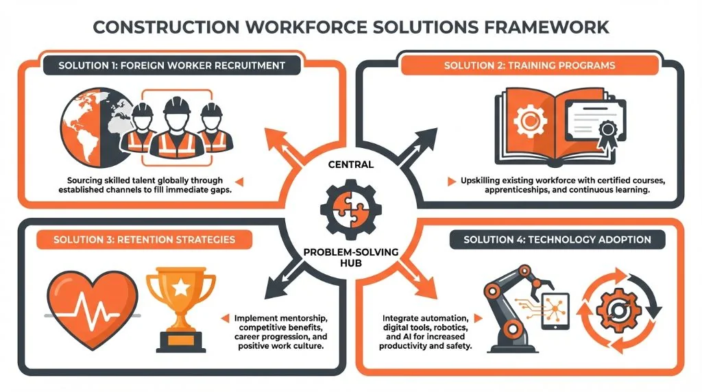 Four strategic solutions for construction worker shortage: recruitment, training, retention, and technology adoption