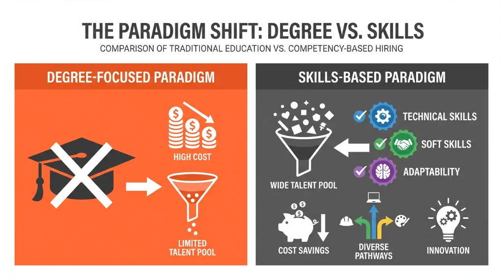 Infographic comparing traditional degree-based hiring versus competency-based skills recruitment