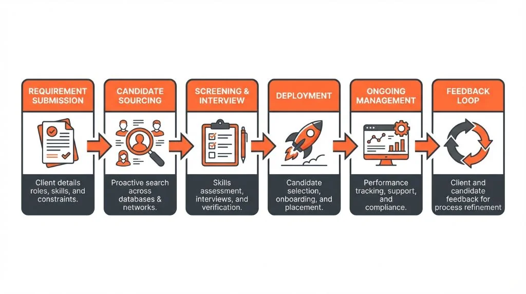 Temporary staffing process timeline from requirement to deployment and management
