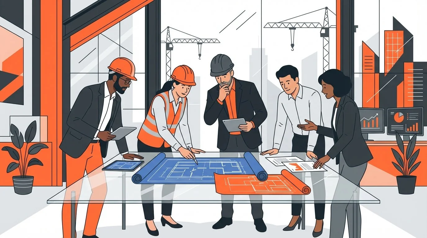 Team of professionals reviewing construction plans on site