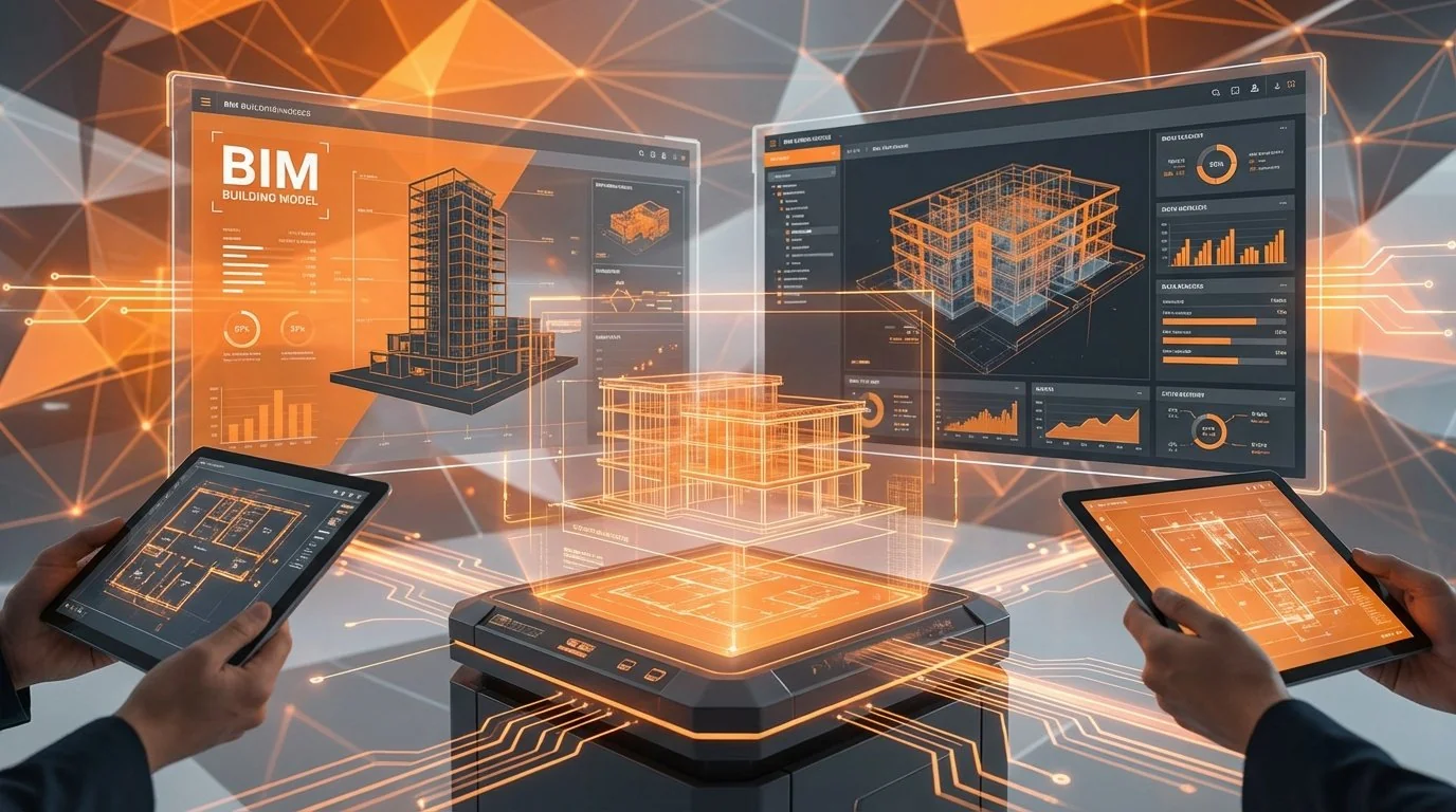 3D building model displayed on screens and tablets for project planning