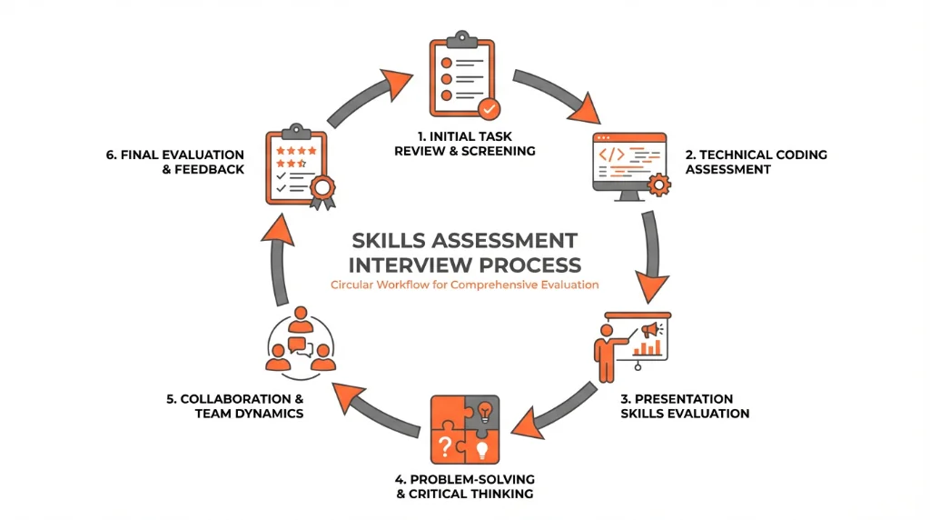 Skills assessment interview process infographic with practical evaluation methods