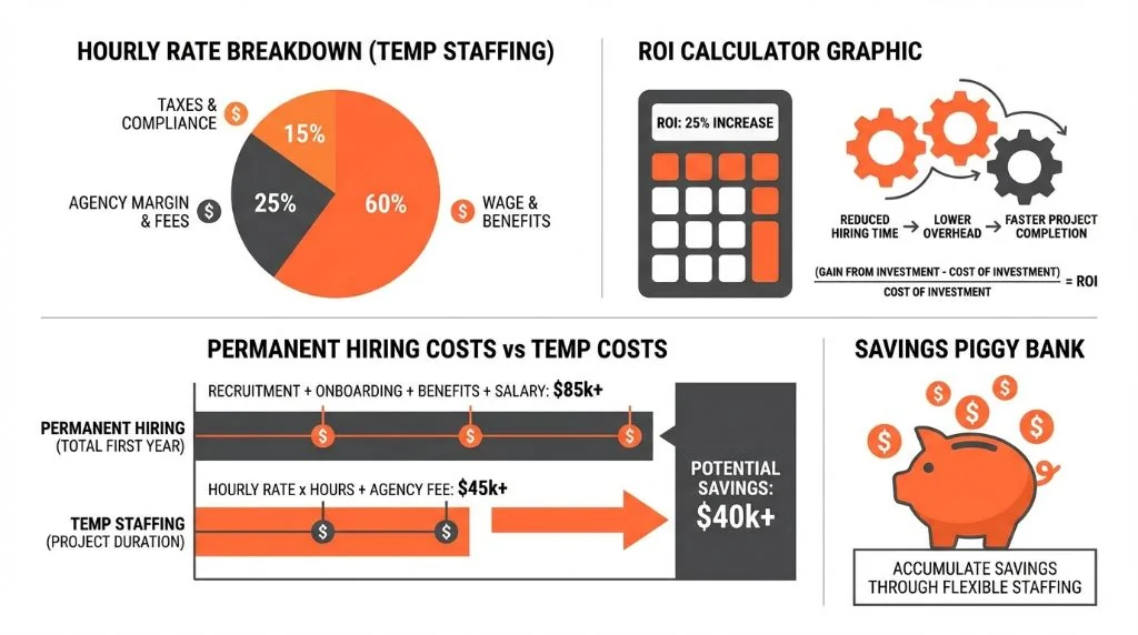 Temporary staffing cost breakdown infographic showing rates, fees, and ROI calculations