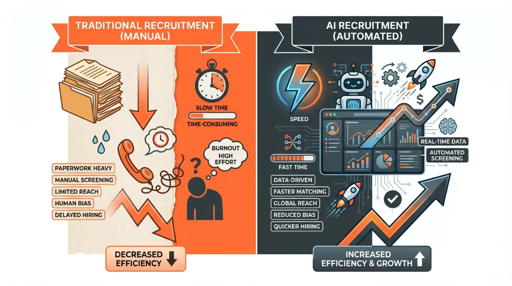 Infographic comparing traditional manual recruitment versus AI-powered automated recruitment efficiency