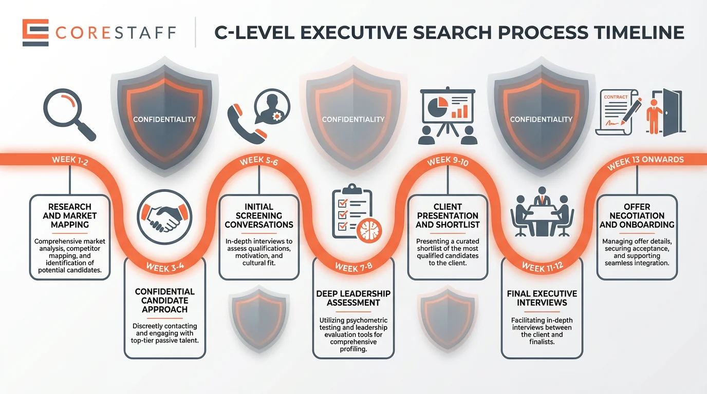 13-week timeline showing research, approach, assessment, onboarding phases