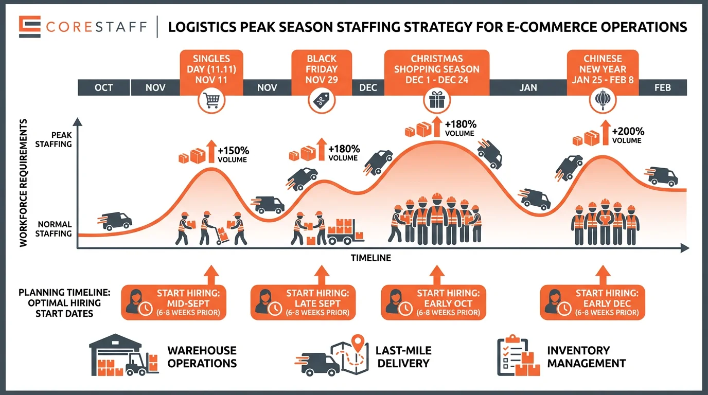 Calendar highlighting 11.11, Black Friday, Christmas peak periods with staffing curve