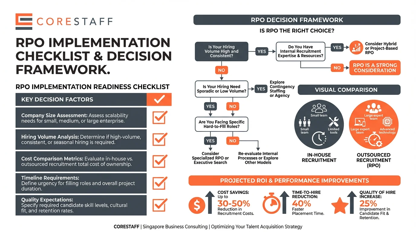 Decision framework infographic with checklist and ROI indicators