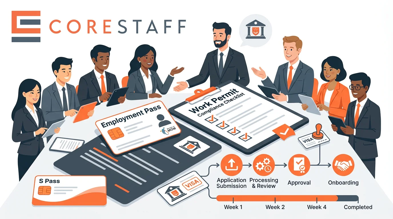 Diverse workforce with work permit documents, compliance elements