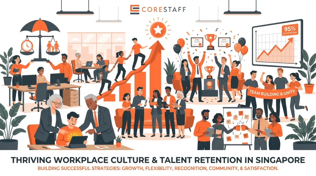 Engaged employees collaborating with retention strategy visual elements
