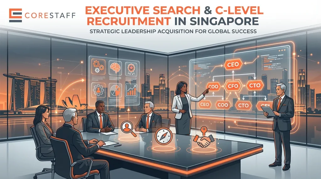 Executive boardroom with C-level professionals, Singapore skyline, premium corporate aesthetic