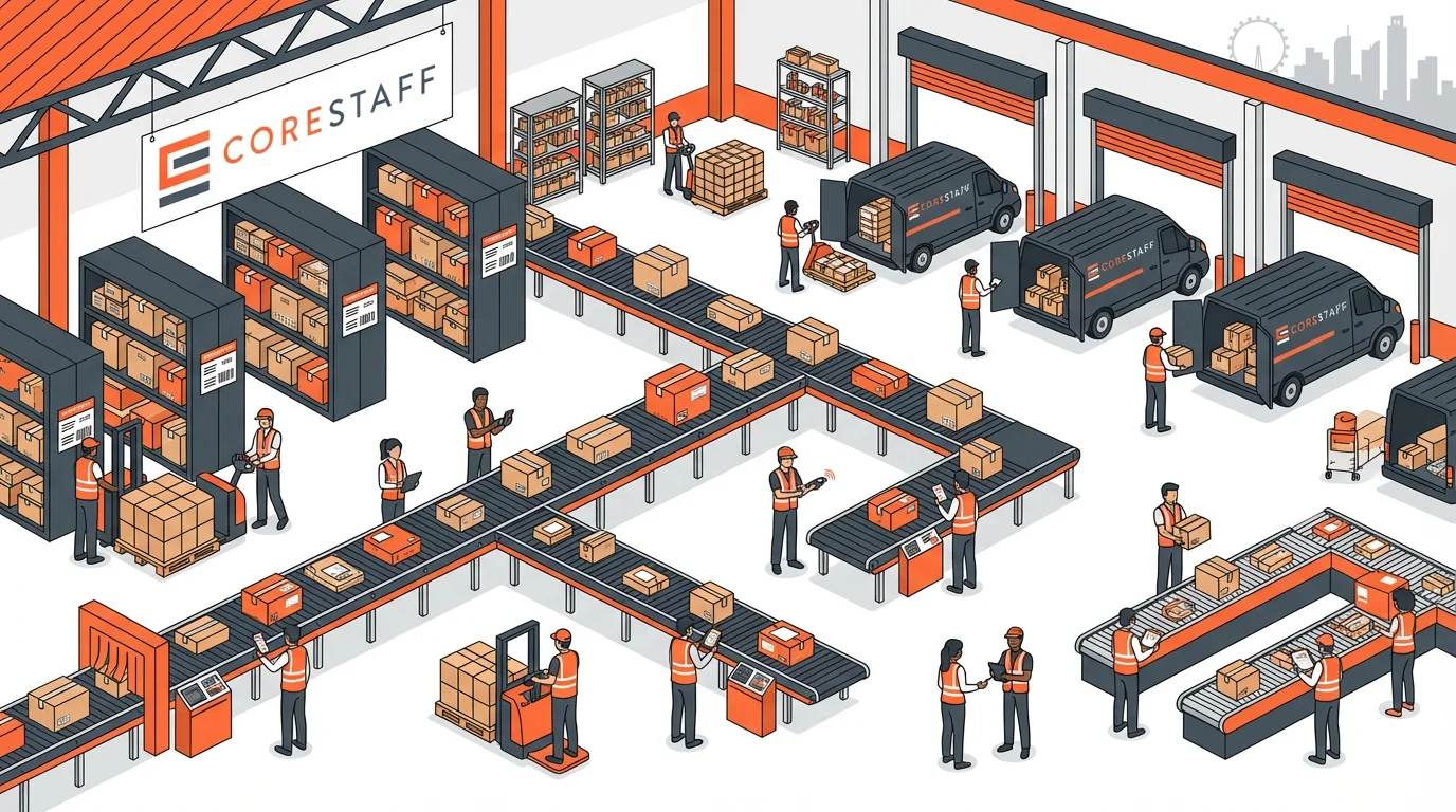 Isometric warehouse view with workers and e-commerce fulfilment operations