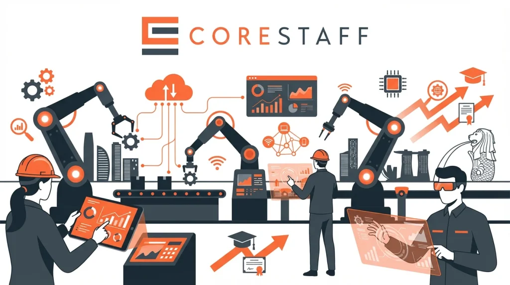 Smart factory with robotic arms, IoT sensors, workers collaborating with technology