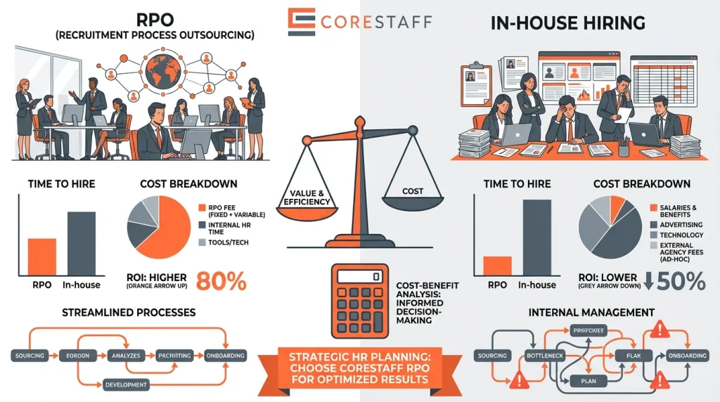 Split design comparing RPO vs in-house with cost charts, ROI metrics, comparison scales