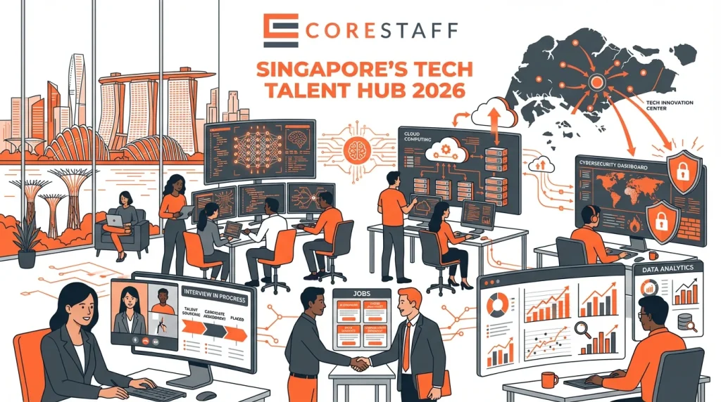 Tech professionals with coding screens, cloud diagrams, cybersecurity elements