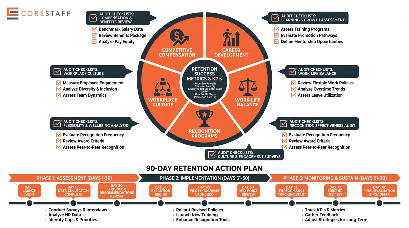 Wheel diagram with five retention pillars and 90-day action plan