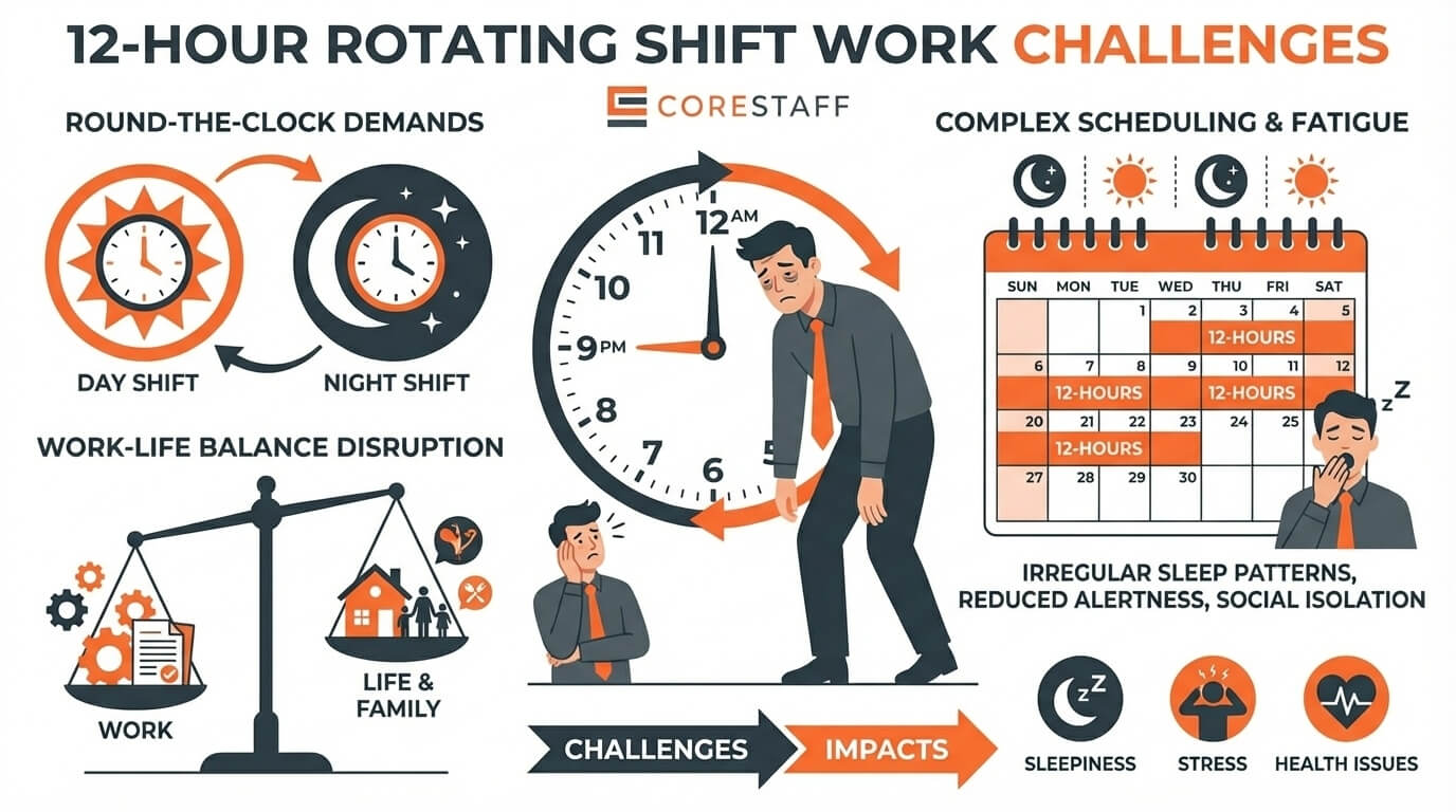 12-hour rotating shift work challenges visualisation with day and night shift icons