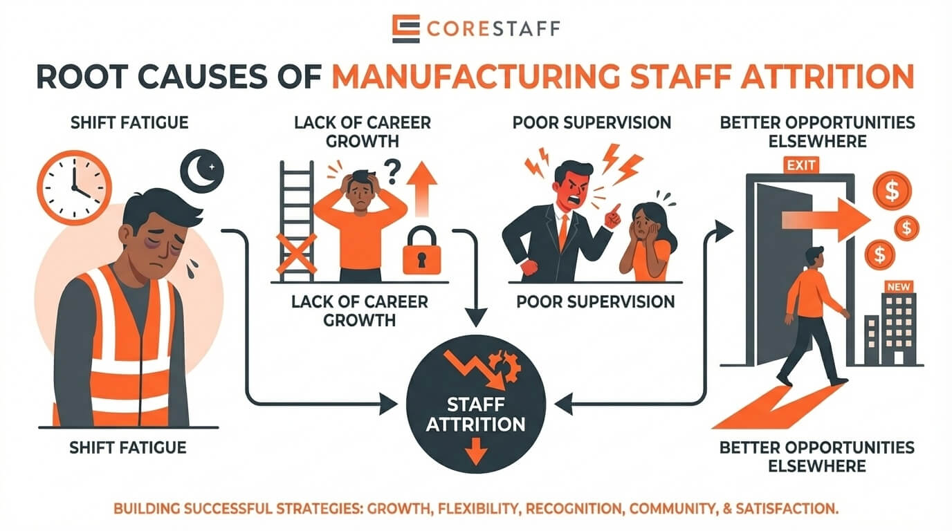 Root causes of manufacturing staff attrition including shift fatigue and lack of career growth