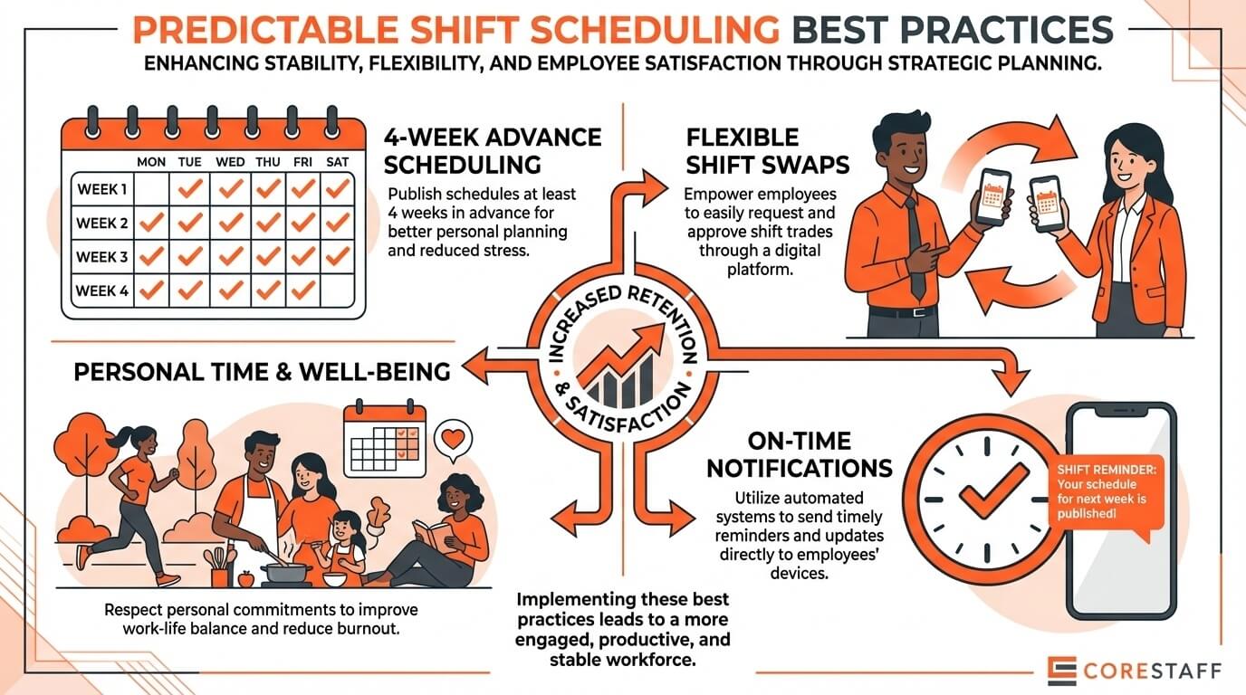 Predictable shift scheduling best practices with 4-week advance calendar