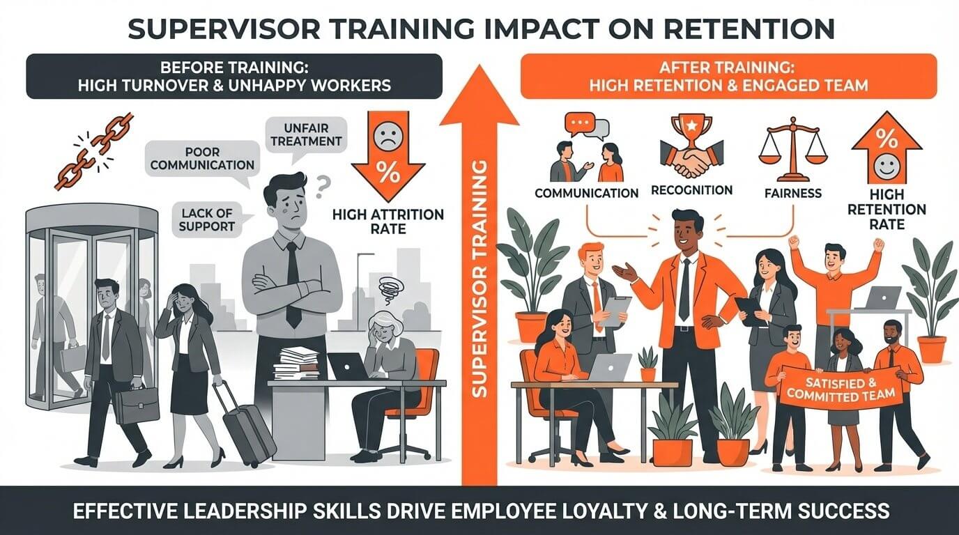 Supervisor training impact on employee retention showing leadership skills development