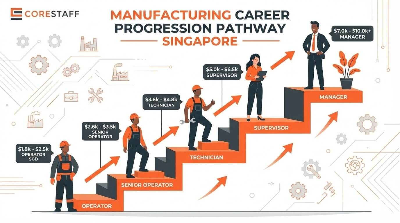 Manufacturing career progression pathway from operator to supervisor to manager