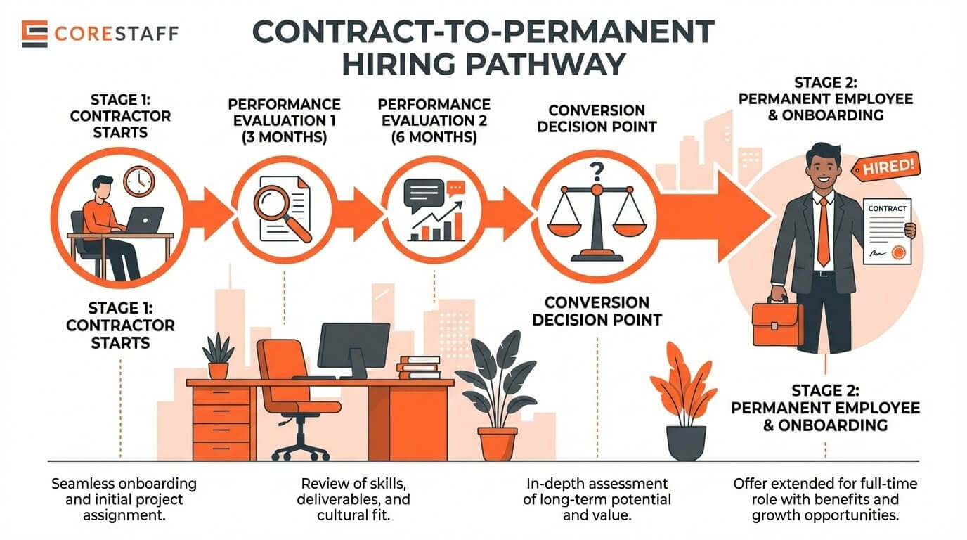 Contract-to-permanent hiring pathway timeline showing evaluation and conversion stages