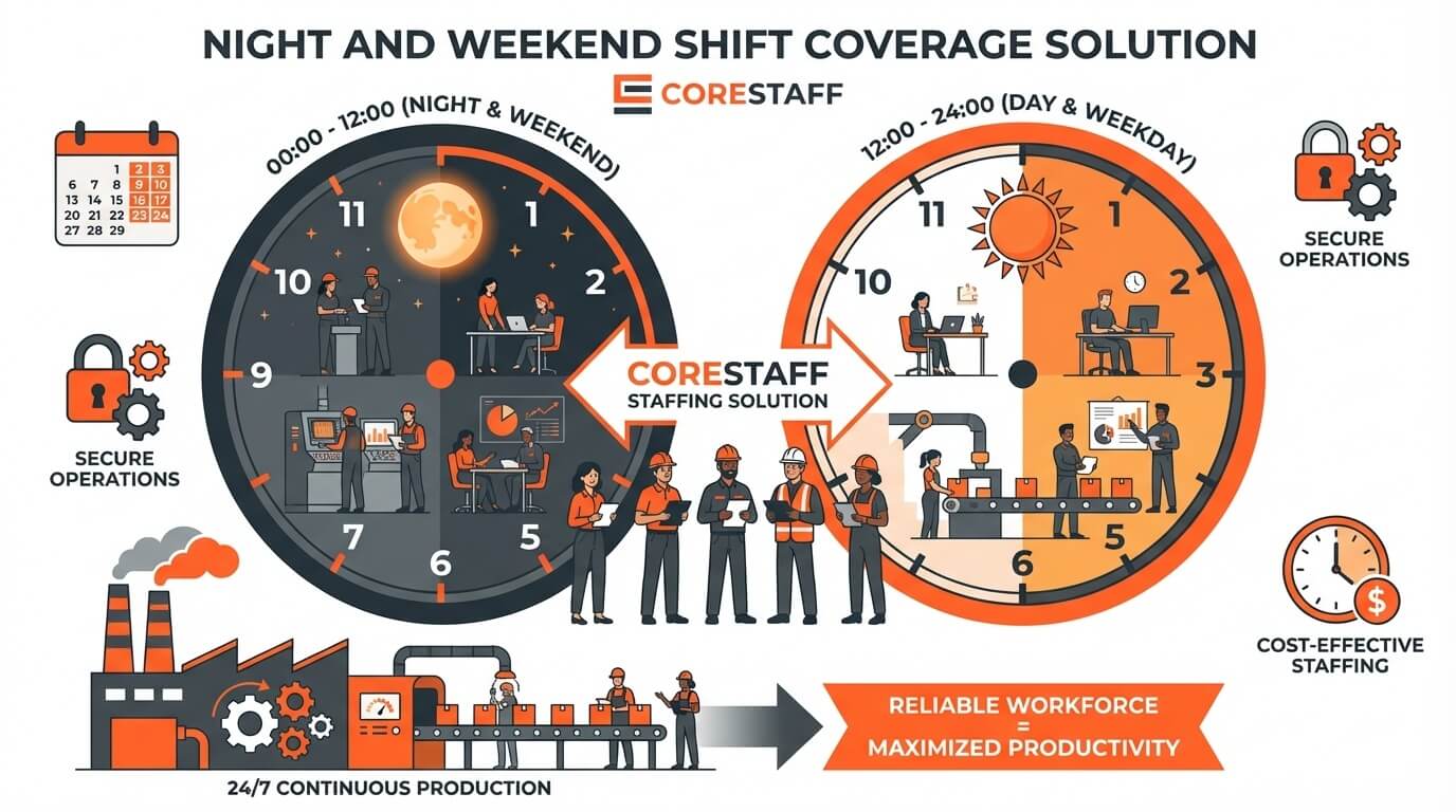 Night and weekend shift coverage solution with 24-hour clock and staffing agency support