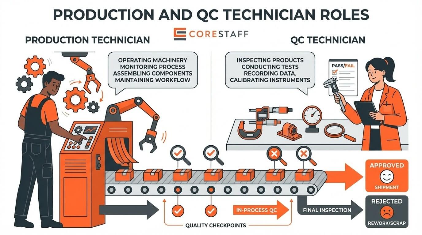 Production and QC technician roles with machinery operation and quality inspection