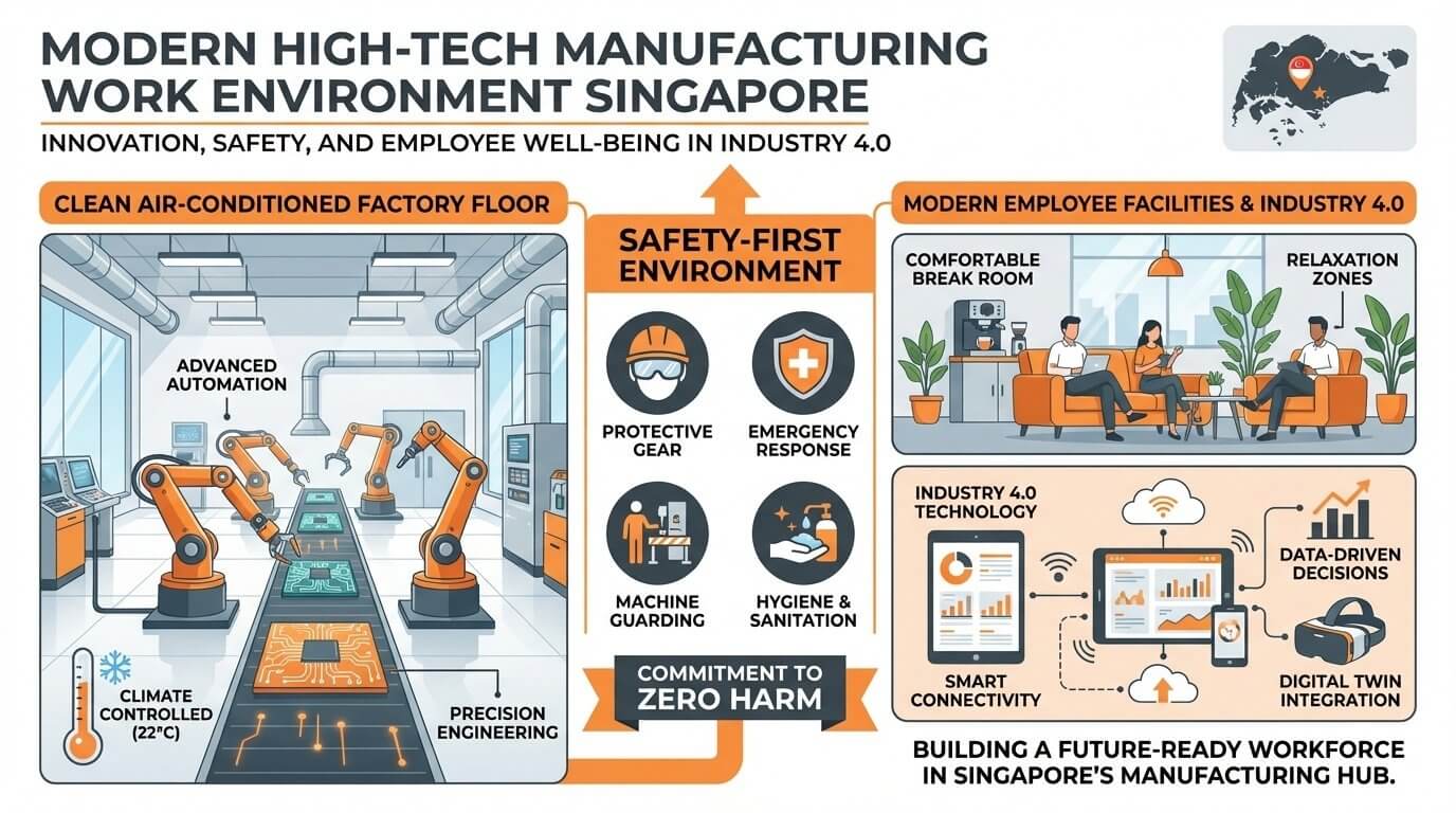 Modern high-tech manufacturing work environment with clean facilities and Industry 4.0 technology