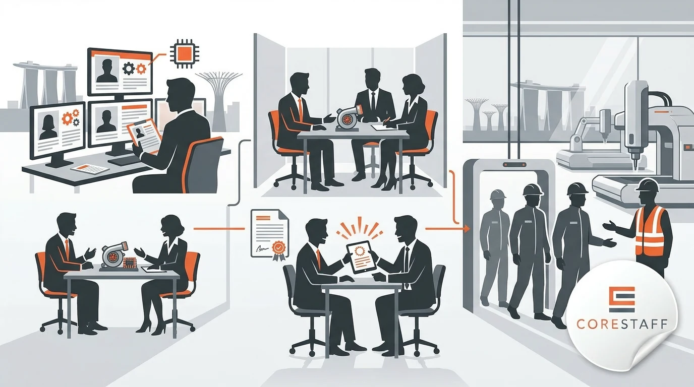 Illustration showing the manufacturing candidate journey in Singapore from sourcing and interviews to offer acceptance and onboarding into a modern plant.