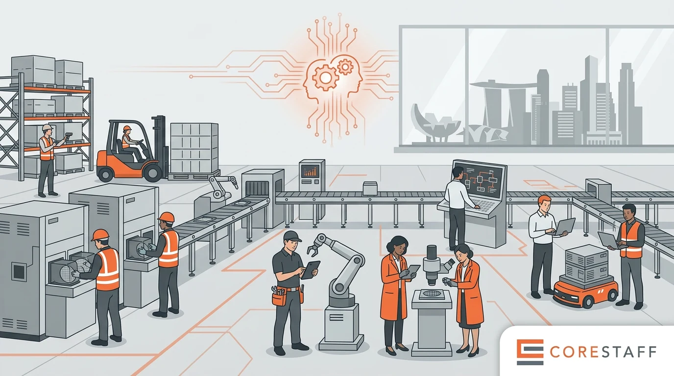 Illustration of manufacturing hiring demand in Singapore featuring operators, technicians, quality inspectors, engineers, and warehouse coordinators on a factory floor.