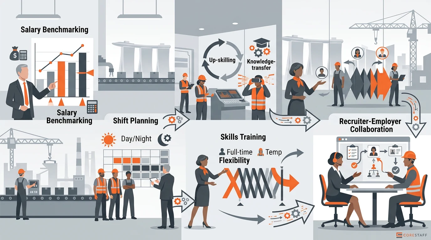 Infographic-style illustration for a Singapore manufacturing hiring strategy covering salary benchmarking, shift planning, upskilling, contract staffing, and recruiter collaboration.