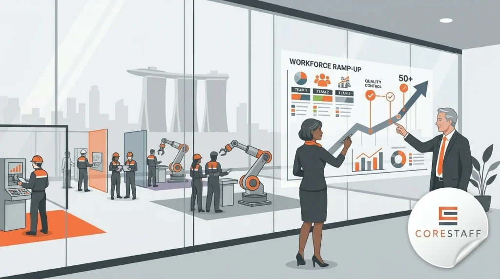 A new command-centre style composition showing workforce ramp-up planning, recruiter + hiring manager coordination, and a modern manufacturing environment in the background.