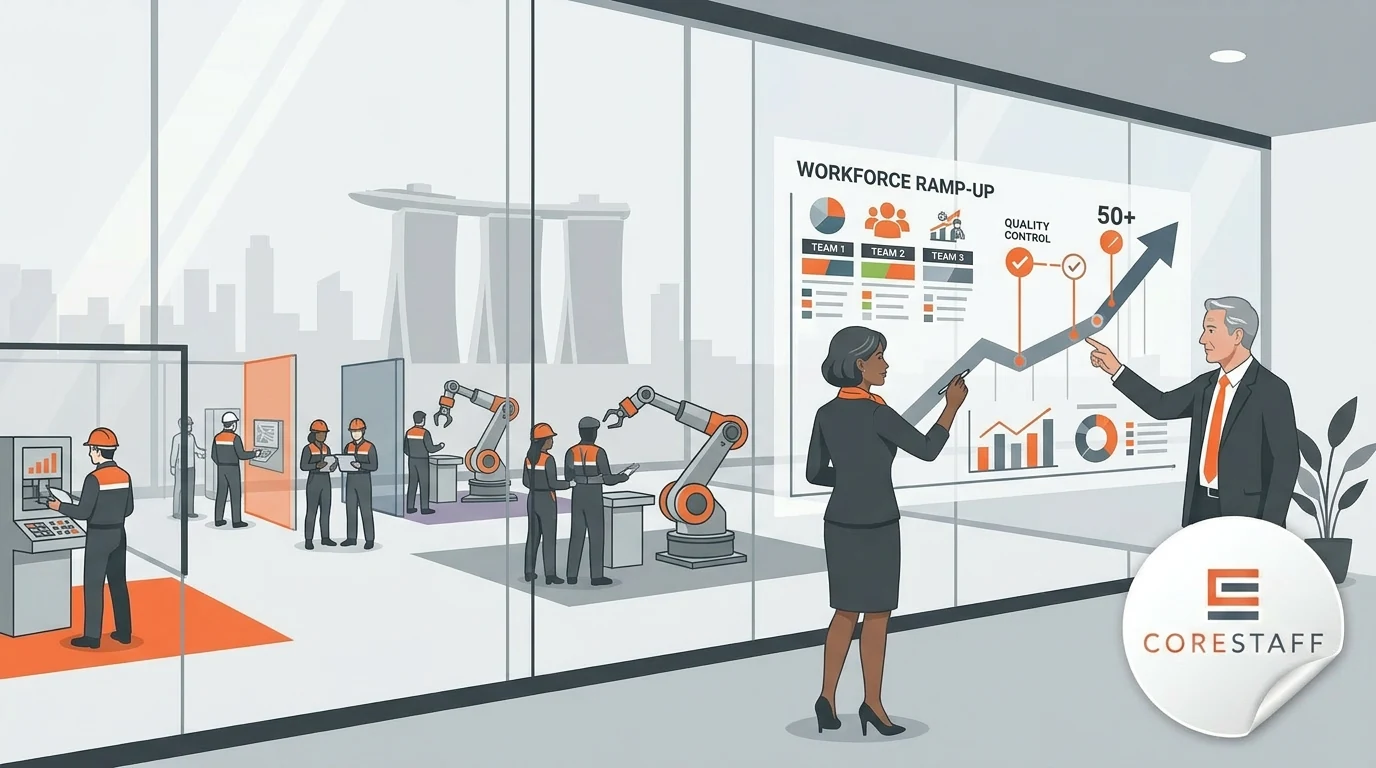 A new command-centre style composition showing workforce ramp-up planning, recruiter + hiring manager coordination, and a modern manufacturing environment in the background.