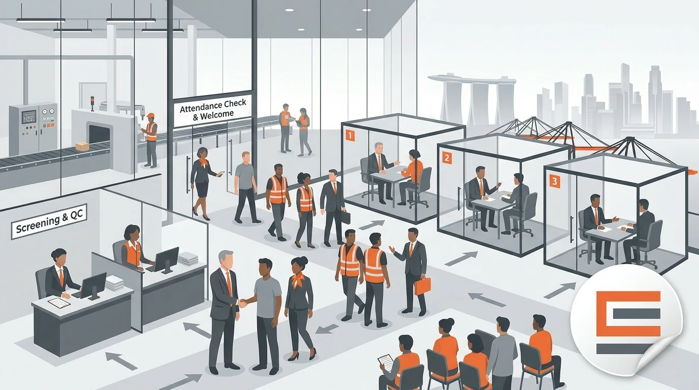 A new interview-day layout showing multiple candidate groups, interview stations, recruiter coordination, and screening flow in a manufacturing hiring setting.