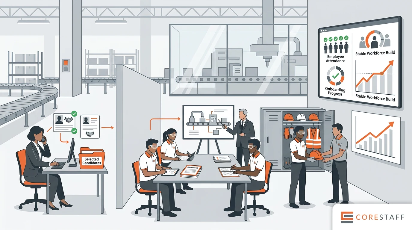 A new post-interview/onboarding composition showing selected hires, orientation, PPE issue, supervisor welcome, and workforce stability support.