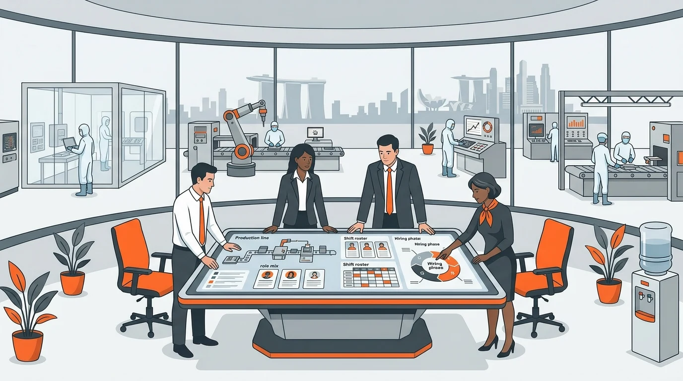 A new planning-table scene for the section about defining role mix, shift structure, hiring phases, and production needs before launching mass hiring.