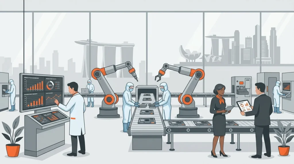 Editorial illustration for Singapore Manufacturing Hiring Outlook showing advanced manufacturing growth, recruiter and hiring manager discussion, and technicians in a modern factory.
