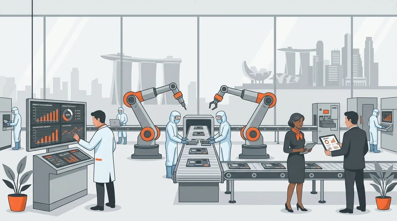 Editorial illustration for Singapore Manufacturing Hiring Outlook showing advanced manufacturing growth, recruiter and hiring manager discussion, and technicians in a modern factory.