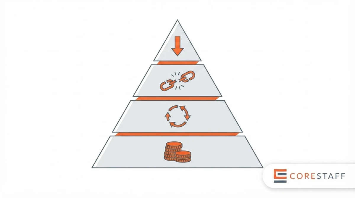 Bad hire cost layers stacked pyramid showing direct cash, replacement, team damage, and enterprise value drag